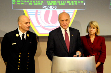 Fire Commissioner Nicholas Scoppetta explains BIOPOD 2009 in the FDOC with Chief of Department Salvatore Cassano and Chief Medical Officer Dr. Kerry Kelly.