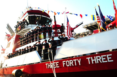 The fireboat Three Forty Three leading the parade of ships up the Hudson River on May 26, kicking off Fleet Week.