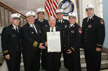 (L to R) Division Chief Rosario Terranova, Chief of EMS Abdo Nahmod, Assistant Chief of EMS Jerry Z. Gombo, Brooklyn Borough President Marty Markowitz, Division Chief Robert Hannafey,
