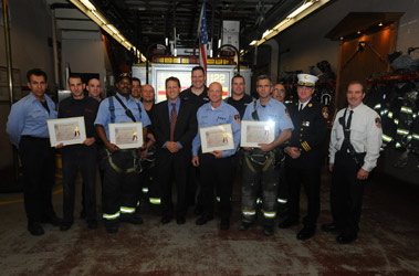 Councilmember Brad Lander with the members of Engine 220, Ladder 122 and Squad 1.