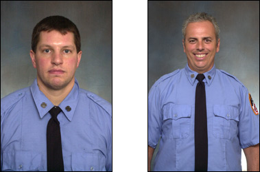 Firefighter Robert Wiedmann (left) and Firefighter James Gersbeck, both from Rescue 2.