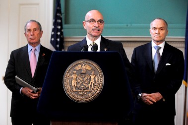 Fire Commissioner Salvatore Cassano speaking at City Hall about fire-related fatalities. He's joined by Mayor Michael Bloomberg and Police Commissioner Ray Kelly.