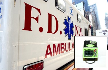 FDNY ambulance with a CO meter that all FDNY members wear (inset).