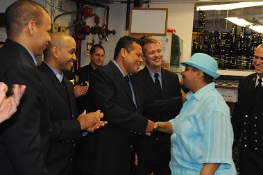 Rosa Thomas meets her rescuers. (L to R) EMT Yasel Ferrer, EMT Malido Vasquez, Paramedic Paul Wallace, Paramedic Kevin Bratholt and EMS Lt. Gilberto Aviles.