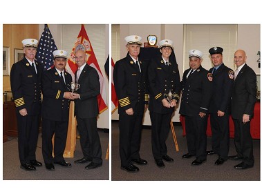 Fire Commissioner Salvatore Cassano and Chief of Department Edward Kilduff awarded the first annual Commissioner's Cup to the division and unit with the most blood donations in the past year. (Photo left) Accepting the Commissioner's Cup for Division 3 was Deputy Chief Joseph Carlsen, Division 3. (Photo right) Accepting for Engine 168 and EMS Station 23 was EMS Division Chief Janice Olszewski, Division 5; Lt. John Stringile, Engine 168; and FF Sal Santora, Engine 168.