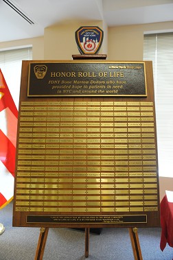 The new Honor Roll plaque for the Fire Academy honoring all FDNY members who have donated life-saving stem cells. The plaque now holds the names of 140 members.