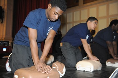 Students at FDNY High School for Fire and Life Safety organized a CPR training session for students