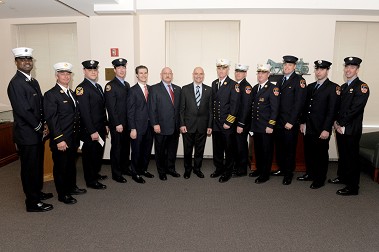 The scholarship recipients with Fire Commissioner Salvatore Cassano, Chief of Department Edward Kilduff, NYSHFCA President Michael Hill and NYSHFCA Scholarship Chair David Gold.