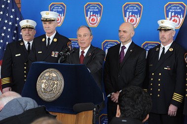 (L to R) Chief of EMS Abdo Nahmod, Chief of Department Edward Kilduff, Mayor Michael Bloomberg, Fire Commissioner Salvatore Cassano and Chief Fire Marshal Robert Byrnes announcing the record-breaking numbers.