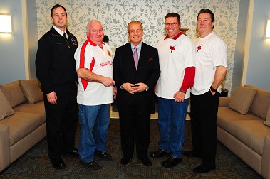 Members of the FDNY Gaelic Football Club at the Ronald McDonald House for the check presentation. (L to R) Lt. Barry Annette (team captain), FF Billy Nolan (team manager), President of the Ronald McDonald House William Sullivan, Capt. Denis McCool and FF Brian Quinn.