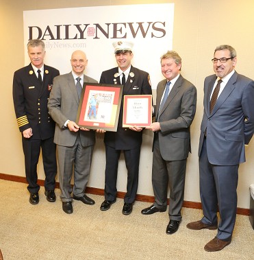 NY Daily News Hero of the Month honoree Capt. Paul Miller (center) with (L to R) Chief of Department Edward Kilduff, Fire Commissioner Salvatore Cassano, Editor of the NY Daily News Colin Myler and CEO of the NY Daily News Bill Holiber.