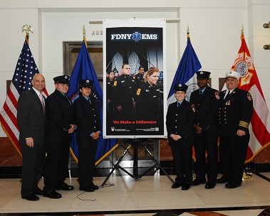 (L to R) Fire Commissioner Salvatore Cassano, EMT Jose Vargas, EMT Jennifer Banegas, EMT Stacie Miller, EMT Kahmil Garcia and Chief of EMS Abdo Nahmod with the 2013 EMS Week poster.