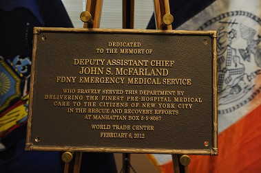 Chief John McFarland's plaque, which will be hung at FDNY Headquarters.