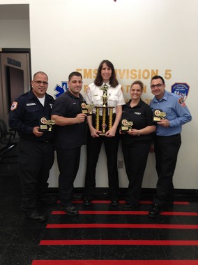 (L to R) Paramedic Joseph D'Agosto (Team Captain), EMT Christopher Russo, Division 5 Commander Janice Olszewski, EMT Patricia Scaduto and Lieutenant Evan Suchecki