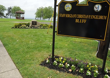 The Engeldrum Bluff at Fort Hamilton. The stone has a plaque honoring the life of the FDNY and military hero.