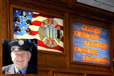 A stained glass mural at the firehouse, one of many throughout the city created by retired Firefighter Harry Gillen (inset).