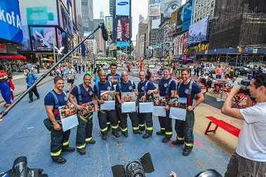 Firefighters featured in the Official FDNY 2014 Calendar of Heroes. (L to R) Firefighters Ralph Ciccarelli, Jose Cordero, Al Coombs, Anthony Picozzi, Noel Reyes, Robert Morgan, Shane Clarke and Brian Garguilo.