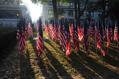 Three hundred forty three flags were placed in the lawn beside the Firefighter's Monument to honor the FDNY members killed on 9/11.