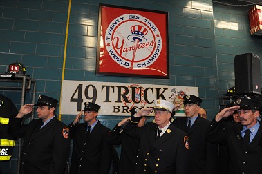 Past and present members attended the ceremony honoring Ladder 49's centennial.