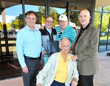 James Tweedy (seated) with his family outside the hospital. (L to R standing) Thomas Tweedy, James Tweedy (James' son), Matt McGeever (James' son-in-law, married to his daughter Anne Marie) and EMT Ed Tweedy.