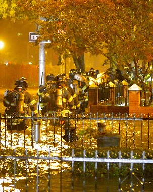 Firefighters in Sheepshead Bay, Brooklyn, the night Superstorm Sandy hit New York City.