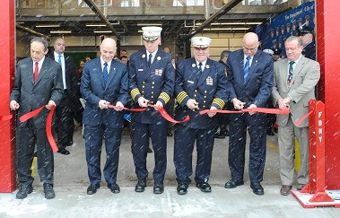 Officials from the FDNY and Department of Design and Construction cut a ribbon to officially open EMS Station 3 in the Bronx.