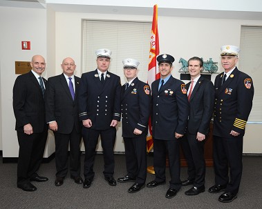 Fire Commissioner Salvatore Cassano and Chief of Department Edward Kilduff join NYS Honorary Fire Chiefs Assocation President Michael Hill and Vice President David Gold to award scholarships to Capt. Martin Currid, Lt. Eugene O’Donnell and FF Arsen Kasparian. (Lt. James Gerber, FF Christopher Forde and Paramedic Linda Ubiles were unable to attend the ceremony).