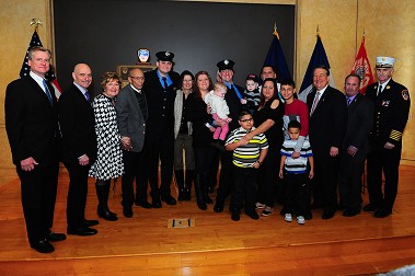 The Firefighters who were reunited with their bone marrow recipients, including FF Howard and Mr. Ciempa and Firefighter Billy Zask, Jr., and Alex Maldonado, and their families, along with FDNY Commissioner, Chief of Department and NY Blood Center representatives.