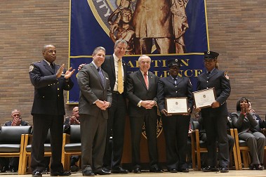 NYPD Chief of Department Philip Banks, PBA President Pat Lynch, Mayor Bill de Blasio, NYPD Commissioner William Bratton, FDNY EMT Khadijah Hall and FDNY EMT Shaun Alexander. Photo courtesy of New York City Police Department/DCPI