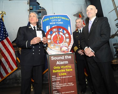 Director of Fire Safety Education Anthony Mancuso, Chief of Department Edward Kilduff and Fire Commissioner Salvatore Cassano urge all New Yorkers to change the batteries in their smoke/CO alarms for Daylight Saving Time.