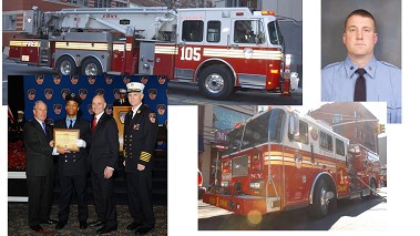 Probationary Firefighter Jordan Sullivan from Ladder 105 (bottom left) at his graduation in December 2013, and Firefighter Bryan Kelly (top right) from Squad 1. They saved two children at a Brooklyn fire on March 16.