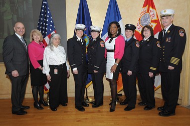 (L to R) Fire Commissioner Salvatore Cassano, Dr. Kerry Kelly, Carol Chodes, Lt. Michele Fitzsimmons, Lt. Anna Schermerhorn-Collins, Nafeesah Noonan, EMT Amanda Schmidt, Chief Ann Fitton and Chief of Department Edward Kilduff.