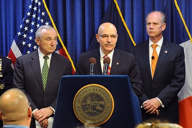 Fire Commissioner Salvatore Cassano speaks about Naloxone with Police Commissioner William Bratton (left) and Staten Island District Attorney Daniel Donovan.