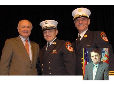 John Feehan’s promotion to captain in 2007 (pictured with former-Fire Commissioner Nicholas Scoppetta and then-Chief of Department Salvatore Cassano). His father, First Deputy Commissioner William Feehan, inset.