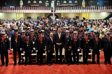 Mayor Bill de Blasio, Fire Commissioner Salvatore Cassano and Chief of Department Edward Kilduff with the 2014 Medal Day recipients.