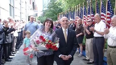 FDNY staff celebrated Salvatore Cassano (with his wife, Theresa) as he left Headquarters for the last time as Fire Commissioner.