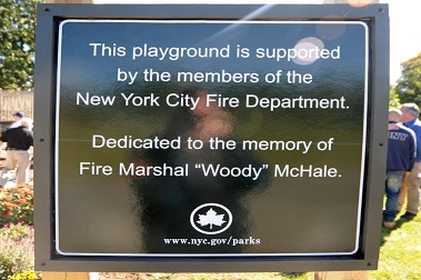 The sign dedicating the playground in Fire Marshal Martin 