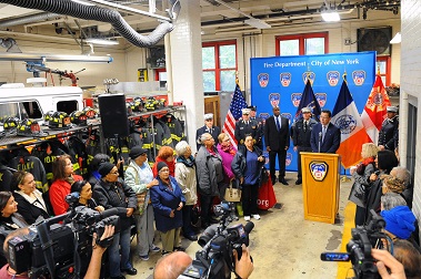 Fire Commissioner Daniel Nigro speaks to the crowd about the importance of fire safety