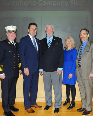 Chief of Department James Leonard, Fire Commissioner Daniel Nigro, retired FF Dan Noonan, Chief Medical Officer Dr. Kerry Kelly and Chief Medical Officer Dr. David Prezant at the commemoration ceremony. 