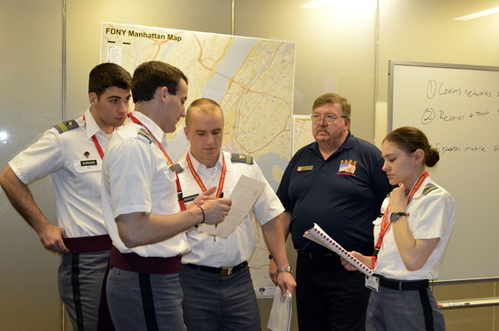 The cadets take part in an exercise in the FDNY Operations Center.