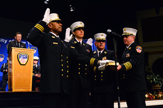 (L - R, Chiefs Roger Ahee, Janice Olszewski and Fred Villani take oath of office, with Chief of Department James Leonard)