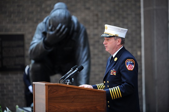 Chief of Department James E. Leonard speaks at 150th Anniversary ceremony at the Kneeling Firefighter Statue