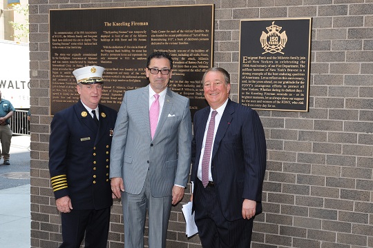 (L-R) Chief Leonard, Commissioner Nigro and Howard Milstein unveil the 150th Anniversary plaque