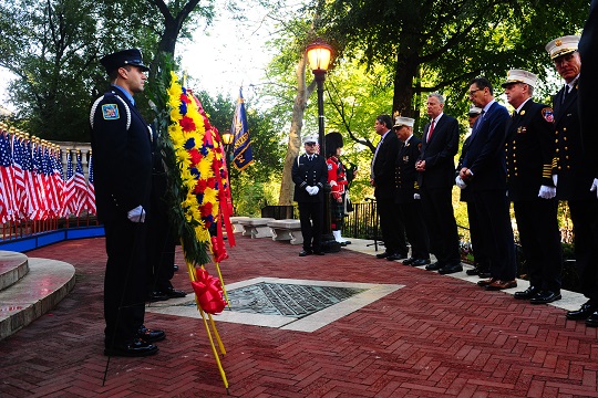 Mayor Bill de Blasio, FDNY Commissioner Daniel A. Nigro, Chief of Department James E. Leonard and Staff Chiefs pay tribute at the Fireman's Memorial