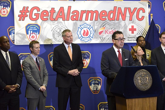 FDNY Commissioner Daniel A. Nigro speaks at the launch of #GetAlarmedNYC at the Quarters of Engine Company 255 and Ladder Company 157 in Brooklyn