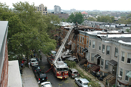 FDNY members respond to the widespread damage in Brooklyn following the storm on August 8.