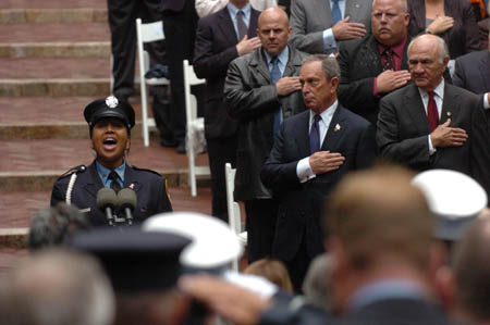 Firefighter Regina Wilson of Engine 219 sings the National Anthem at FDNY Memorial Day.