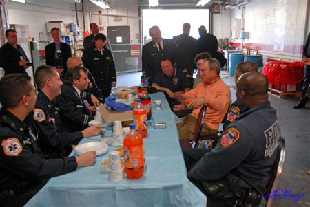 Mayor Bloomberg visits with members of EMS Station 14 in the Bronx on Thanksgiving Morning.