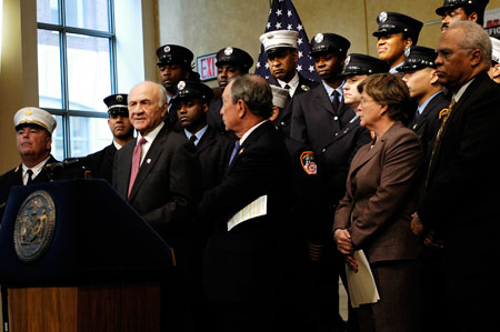 Fire Commissioner Scoppetta joins Mayor Michael R. Bloomberg and other FDNY officials to announce the results of this year's firefighter exam.