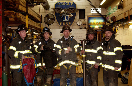 Firefighters from Rescue 1 (pictured) were among the many FDNY members who helped save a construction worker caught in a trench collapse in Morningside Heights, Manhattan.
